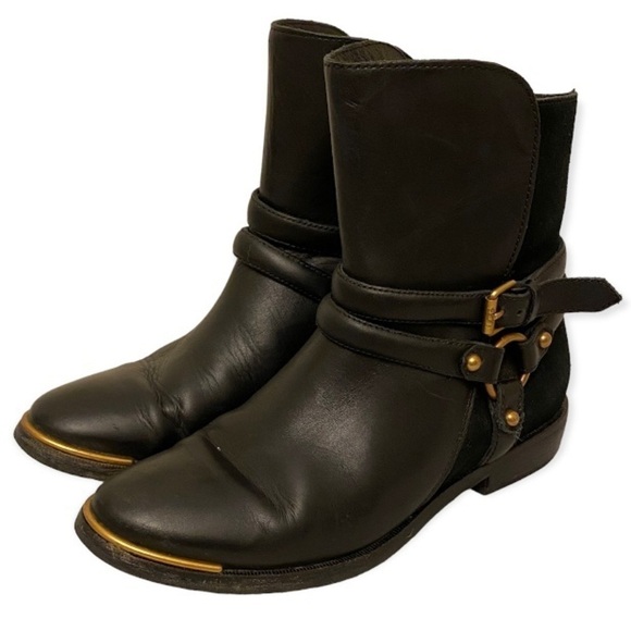 UGG Kelby Harness Ankle Boots Womens Size 5.5 Leather And Suede Black Booties - Picture 1 of 10